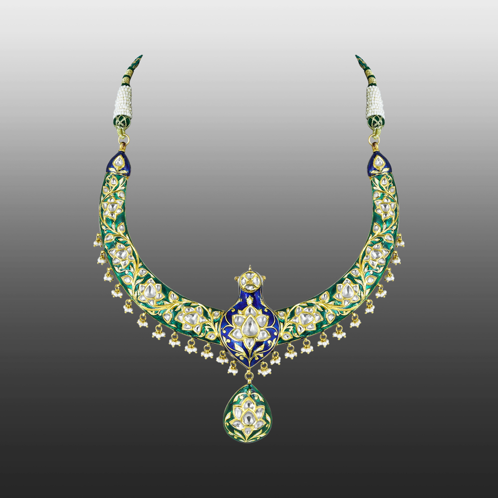 Peacock Motif Hasli Necklace with Polki and Enamel Detailing